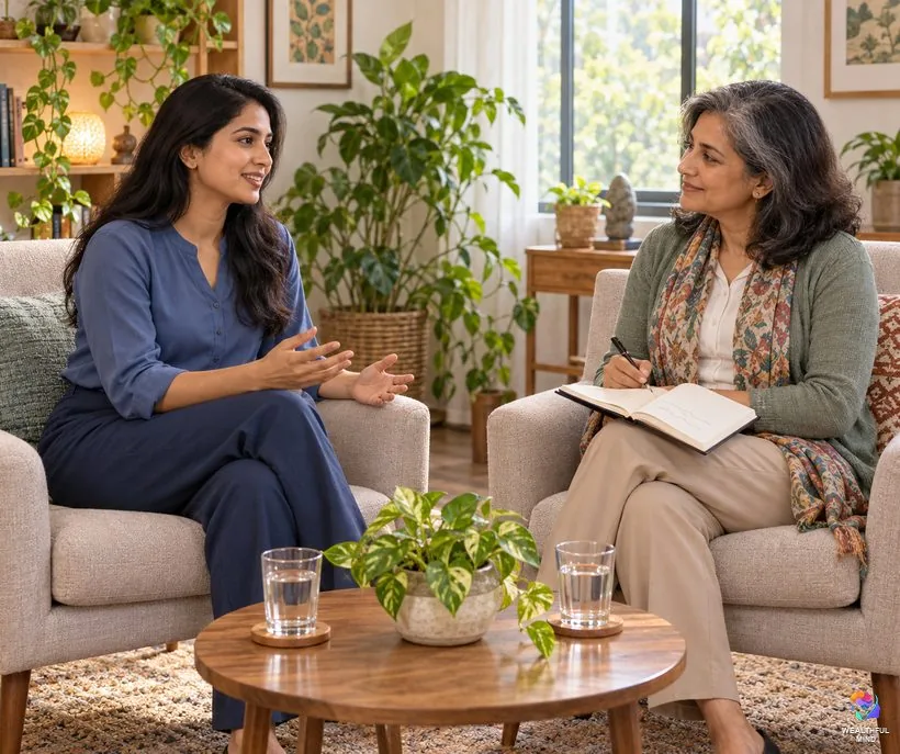When the past is more than a memory: a young woman talking with a counselor in a calm, bright room
