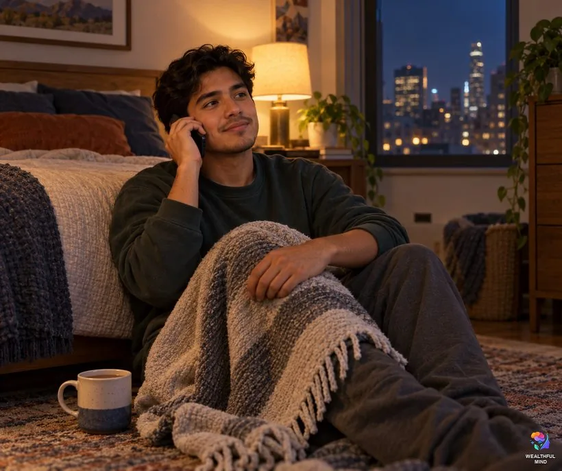 When being tired of being strong turns heavier: a young man on a phone call for support at night, sitting by his bed with a mug of tea