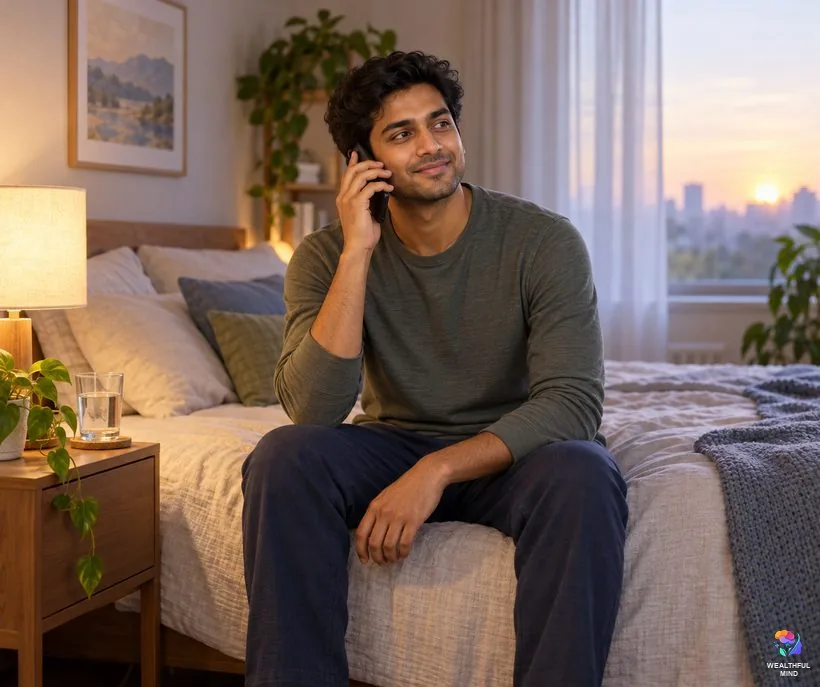 When to get support: a young man talking to a help line from his bed at dawn, looking relieved