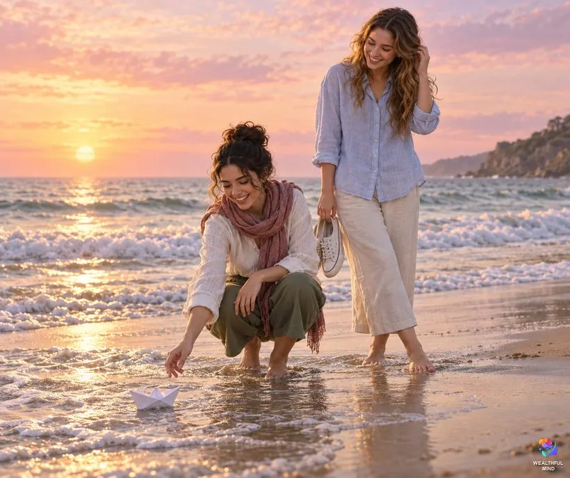 When to let go of a specific person: two friends laughing on a sunrise beach as a paper boat drifts away