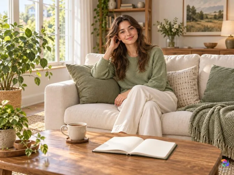 When to see a doctor for body signs: a reassured young woman by a sunny window with a notebook and tea