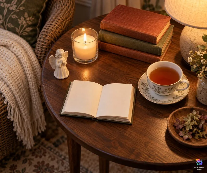 Where angel numbers come from: old books, a small pocket guide, a candle and an angel figurine on a side table