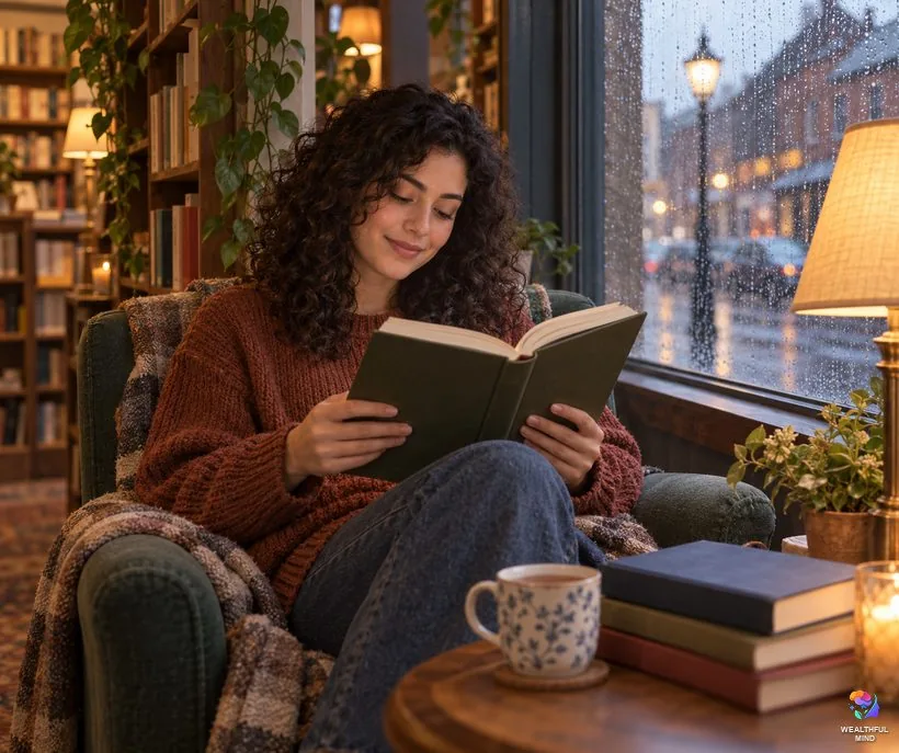 Where angel numbers like 4321 come from: a young woman reading in a cosy bookshop corner on a rainy afternoon