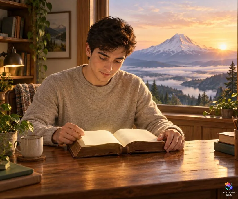 Where the idea of ascension comes from: a young man reading an old book by a window facing a snowy mountain at sunrise