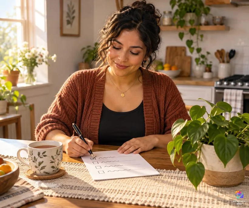 Where a victim mindset comes from and how small wins help: a young woman ticking off one small task at her kitchen table