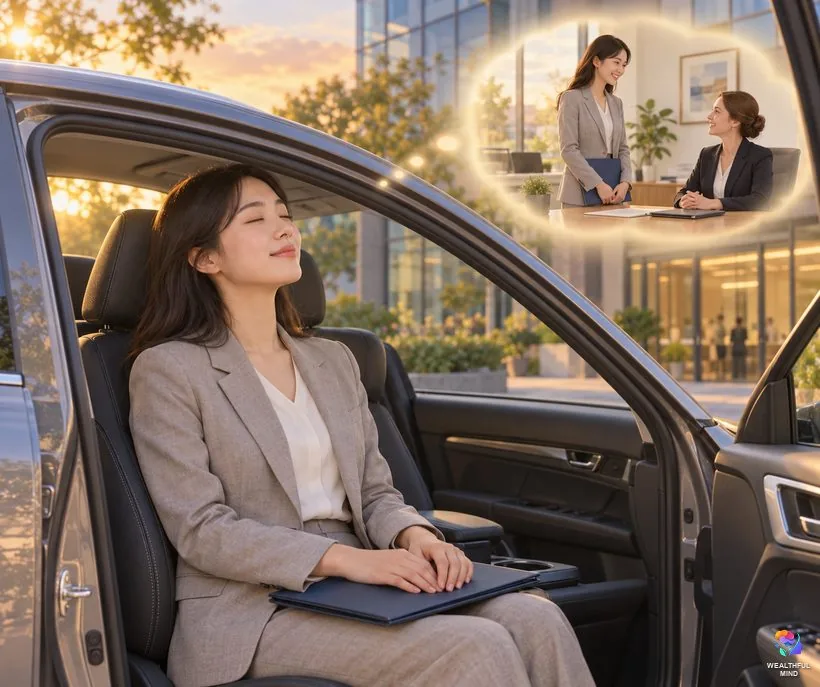 Whisper method for a job: a young woman in her car after an interview pictures the interviewer at her desk