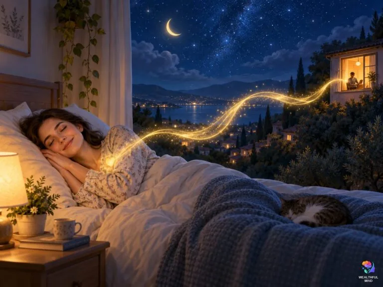 Whisper method manifestation: a young woman asleep as a ribbon of golden light carries her whispered wish across the night sky