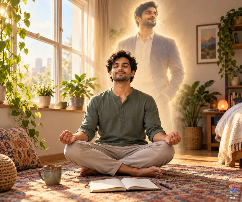 Self-concept work before the whisper method: a young man meditating by a window with his confident future self glowing behind him