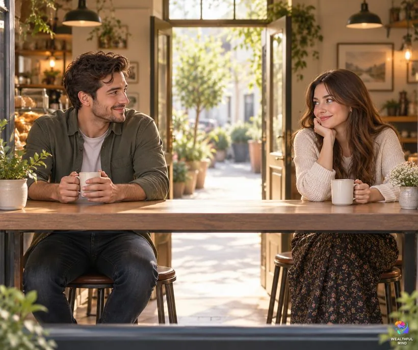Whisper method for a specific person: two young people exchange shy smiles across a sunny cafe counter