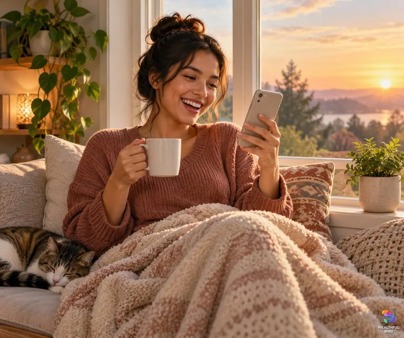 Whisper method success stories: a young woman smiles in surprise at a message on her phone one morning