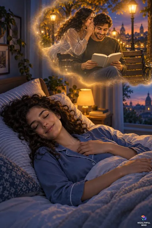 Whisper method: a young woman on her bed with eyes closed imagines whispering her wish to someone in a softly lit dream scene