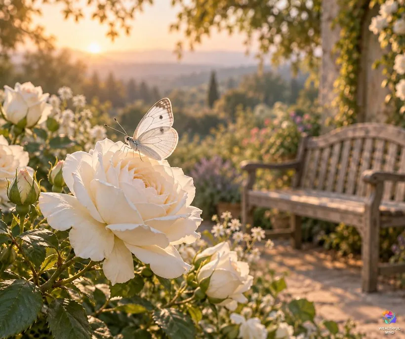 A white butterfly after a loss, resting on white roses by a garden bench