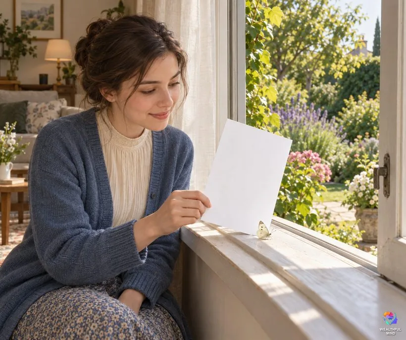 White butterfly in your home: a cabbage white on an open window frame as a young woman helps it outside