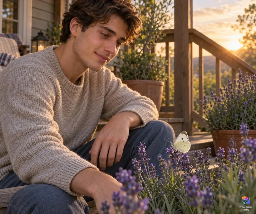 White butterfly meaning after a death: a young man on porch steps smiling at a white butterfly on lavender