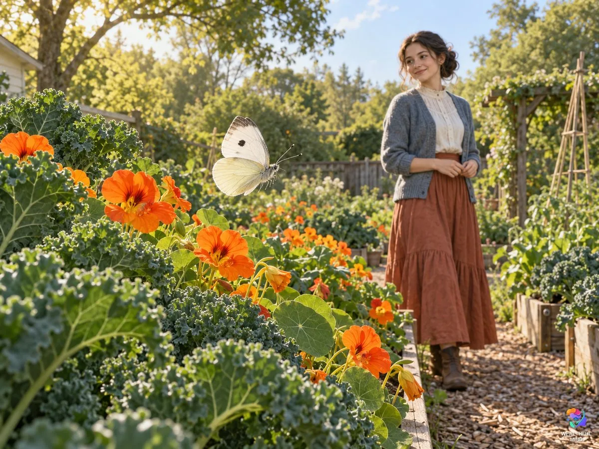 White butterfly spiritual meaning: a cabbage white in a sunny garden as a young woman watches it calmly