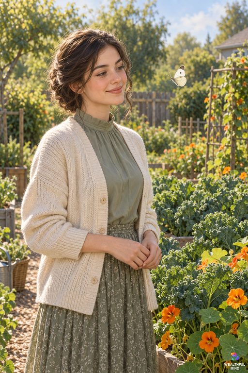 White butterfly spiritual meaning: a cabbage white fluttering before a young woman smiling in a sunny vegetable garden