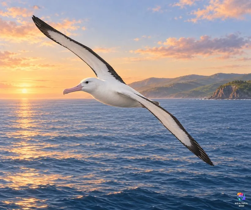 White feathers in faith and history: an albatross gliding over a calm ocean at sunrise, the bird of the raukura feather
