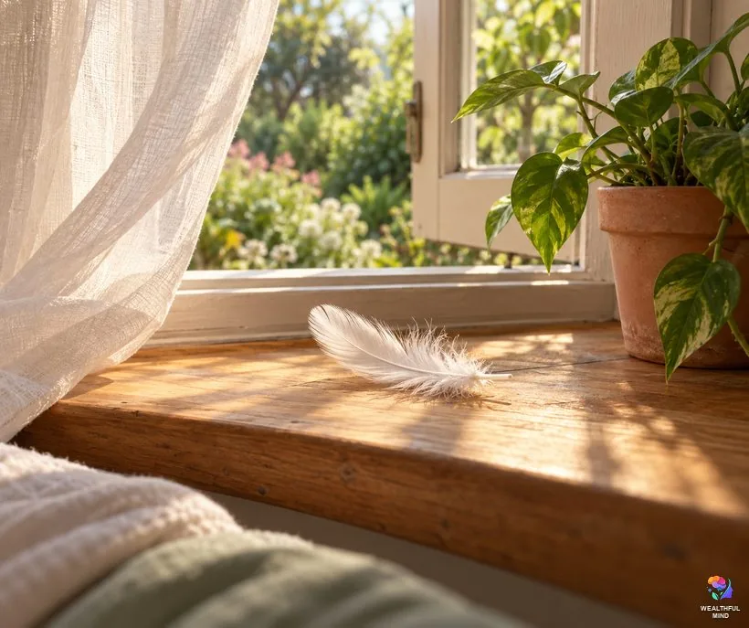 White feather found inside the house: a small feather on a sunlit bedroom windowsill beside a potted plant