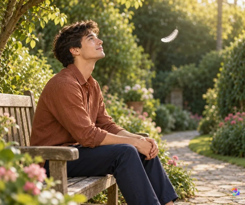 What a white feather means spiritually: a young man on a garden bench watching a white feather drift down in sunlight