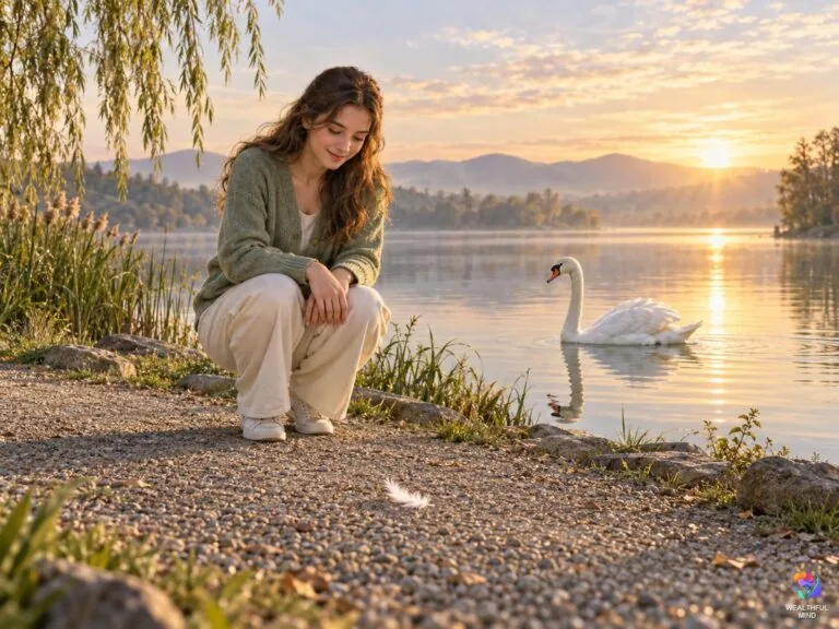 White feather on a lakeside path at sunrise: a young woman smiling at it, a mute swan gliding behind