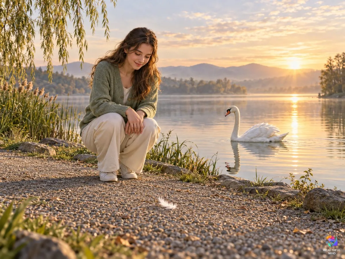 White feather on a lakeside path at sunrise: a young woman smiling at it, a mute swan gliding behind
