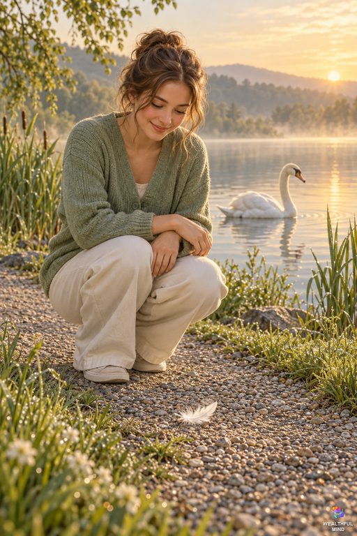 White feather spiritual meaning: a young woman smiling at a small white feather on a lakeside path, a mute swan behind