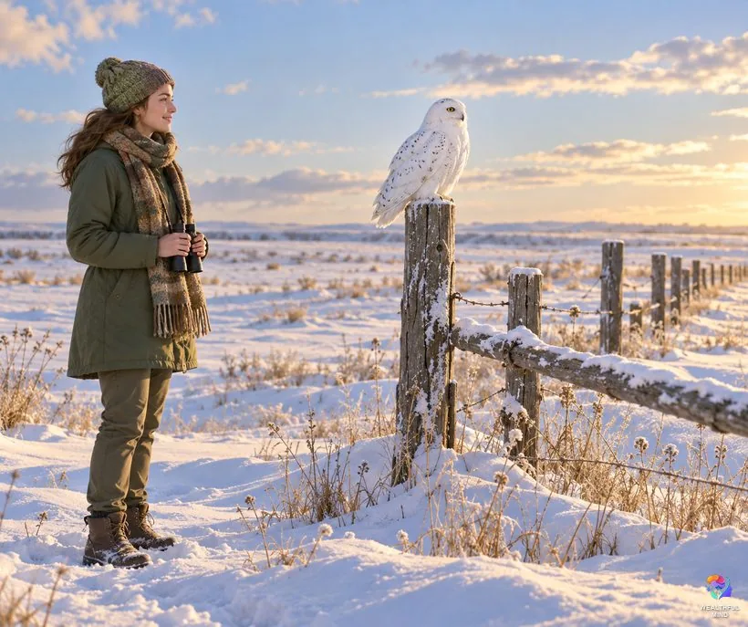 White owl spiritual meaning: a white snowy owl on a fence post in a snowy field, watched from afar
