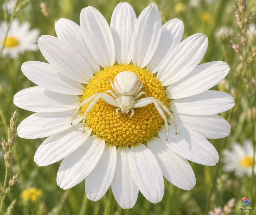 Spider colors and kinds: a white crab spider sitting on a white daisy in a sunny summer meadow