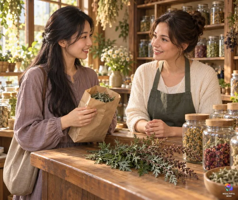 Who should not use mugwort: a young woman asking a herb shop assistant about dried mugwort before buying