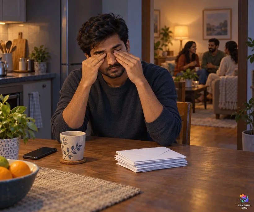 Why being strong is exhausting: a tired young man alone at the kitchen table late at night while his family chats in the next room
