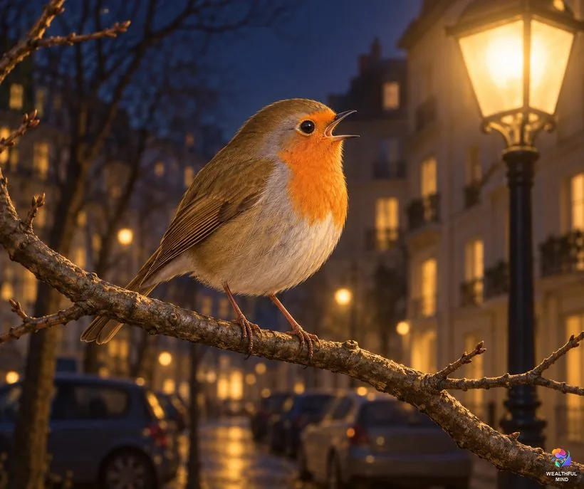 Why do birds chirp at night: a robin singing on a branch under a street light