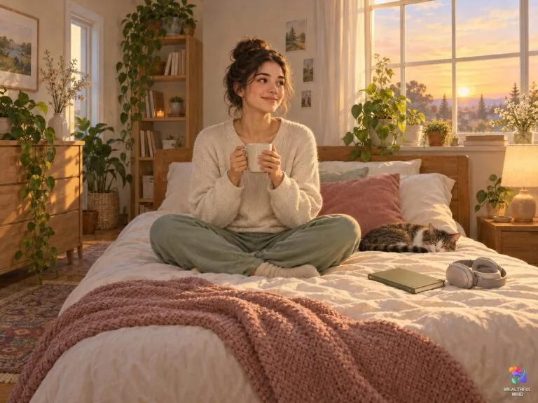 Why can't I shift: a young woman sitting calmly on her bed at dawn, holding a mug