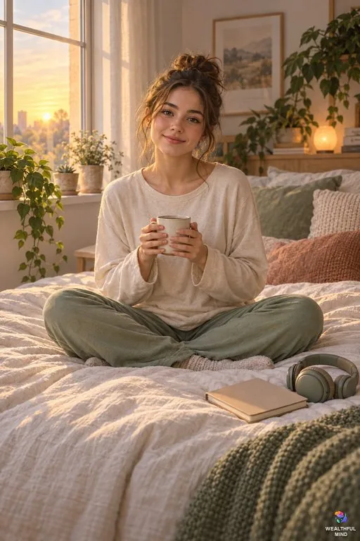 Why can't I shift realities: a young woman sitting calmly on her bed at dawn with a notebook and headphones