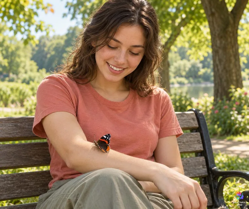 Why do bugs keep landing on you: a red admiral butterfly landing on a young woman's forearm on a summer afternoon