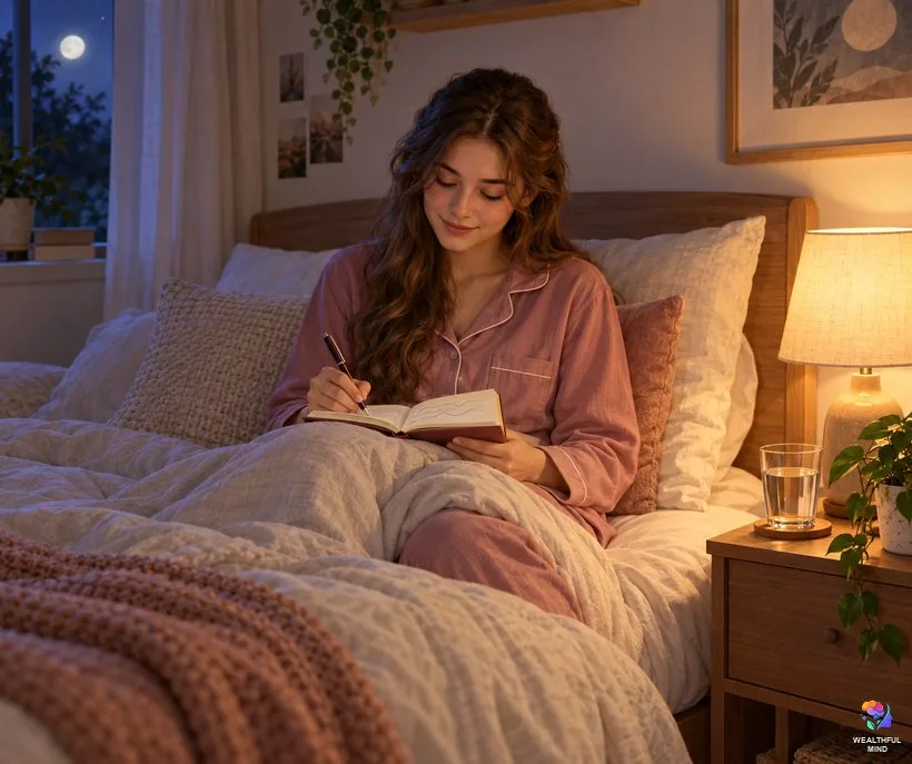 Why do I keep dreaming about snakes: a young woman writing in a dream journal by lamplight on her bed