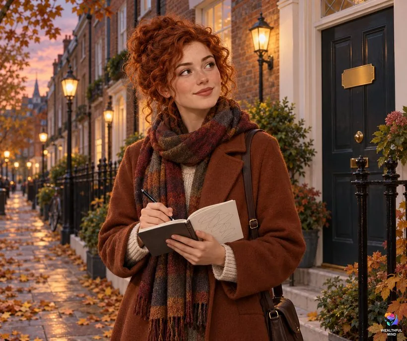 Why do I keep seeing 5206: a young woman pausing by a row of front doors to note her thought in a notebook
