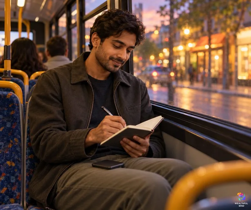 Why do I keep seeing 7482: a young man on a bus noting in a small notebook what was on his mind
