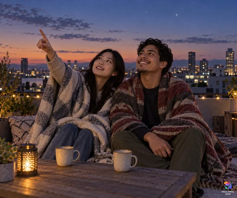 Why do people believe in fate: two friends looking up at the evening stars from a rooftop