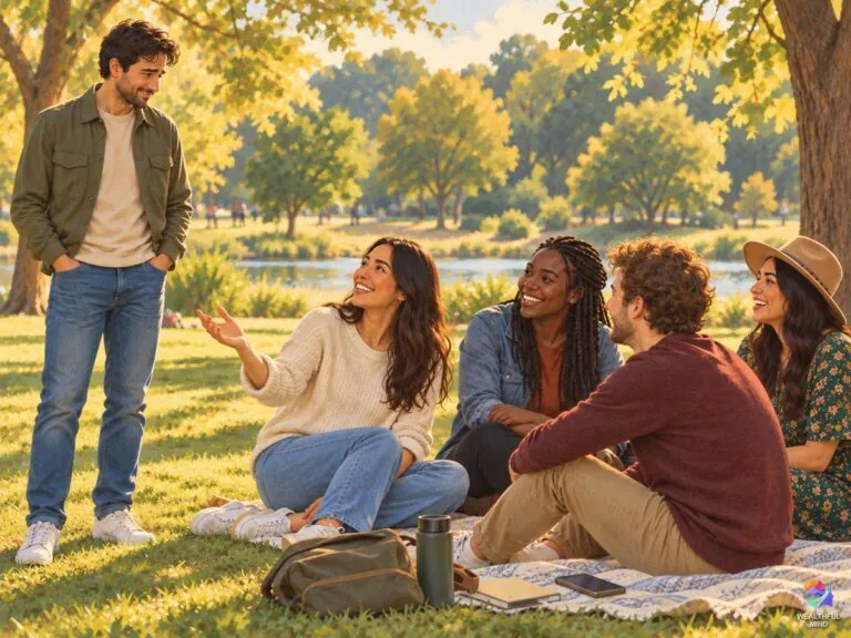 Why do people ignore me: a young man at the edge of a group of friends as one turns to welcome him in