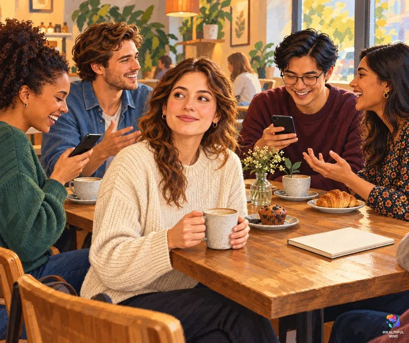Why do people ignore me: a young woman waiting to speak while her friends at a cafe table chat and look at their phones