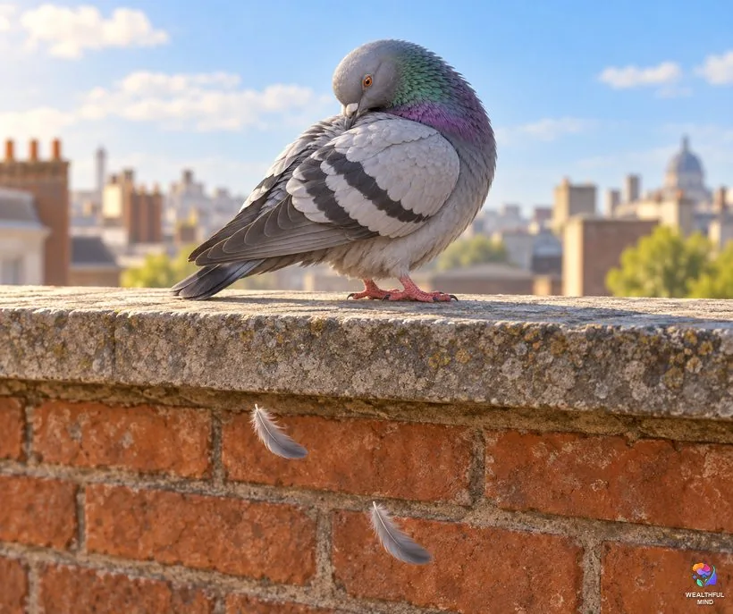 Why feathers turn up: a rock pigeon preening on a city ledge as two small gray feathers float down