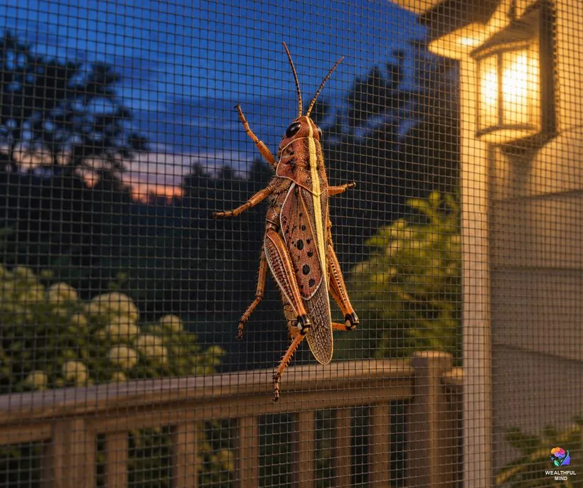 Why grasshoppers suddenly appear: a brown bird grasshopper on a window screen beside a glowing porch lamp at dusk