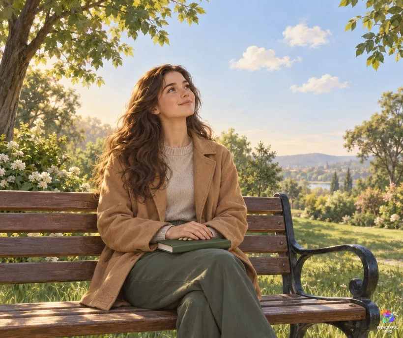 Why have I stopped dreaming: a young woman on a park bench watching small clouds drift away in the morning