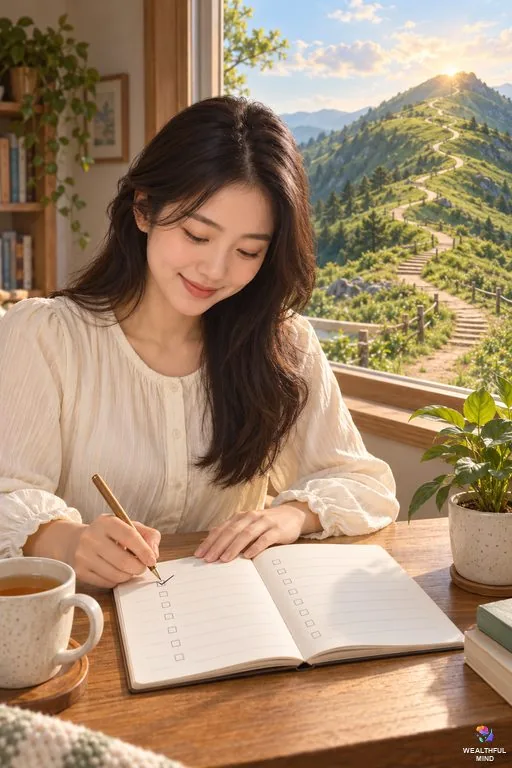Why is it important to set realistic goals: a young woman ticking off one small step in her notebook, a winding path to a summit outside the window