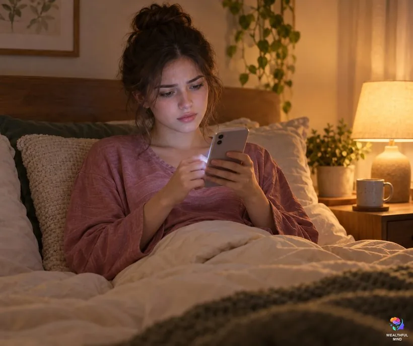 Why just decide feels so hard: a tired young woman in bed reading conflicting shifting advice on her phone