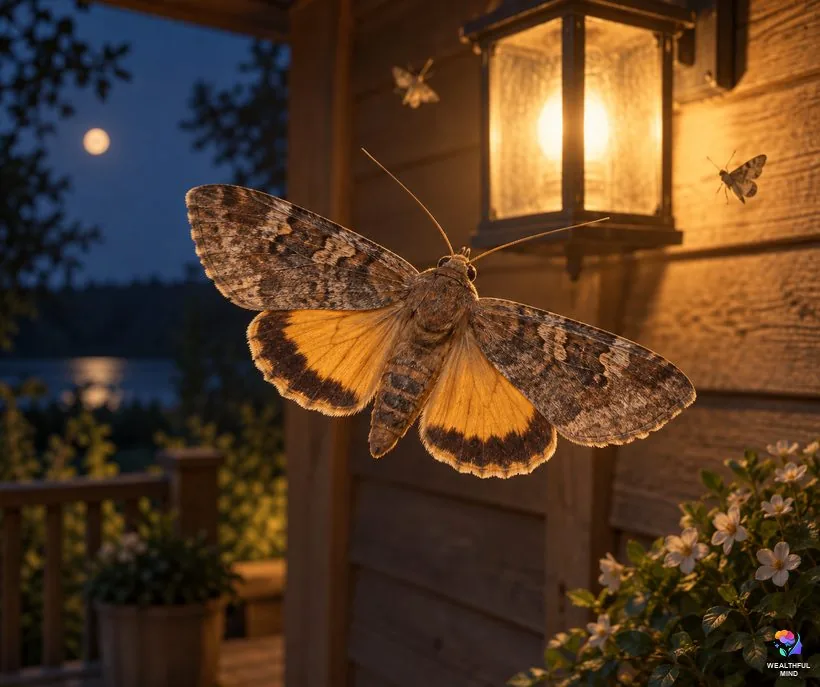 Why moths fly to light: a large yellow underwing moth circling a warm porch lantern at night
