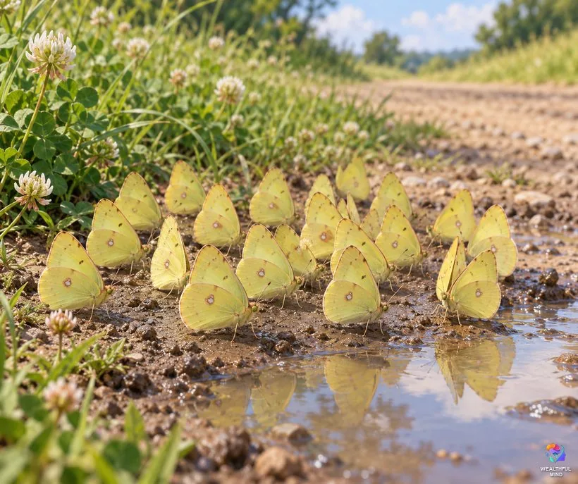Why so many yellow butterflies: a cluster of clouded sulphurs gathered on damp mud beside a puddle