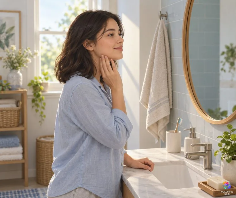 Why teeth dreams are so common: a young woman gently rubbing a tense jaw at the mirror one calm morning