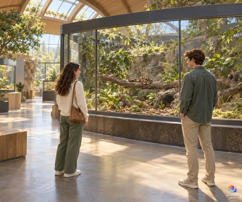 Why the brain notices snakes: two young adults calmly watching a coiled ball python behind glass in a museum