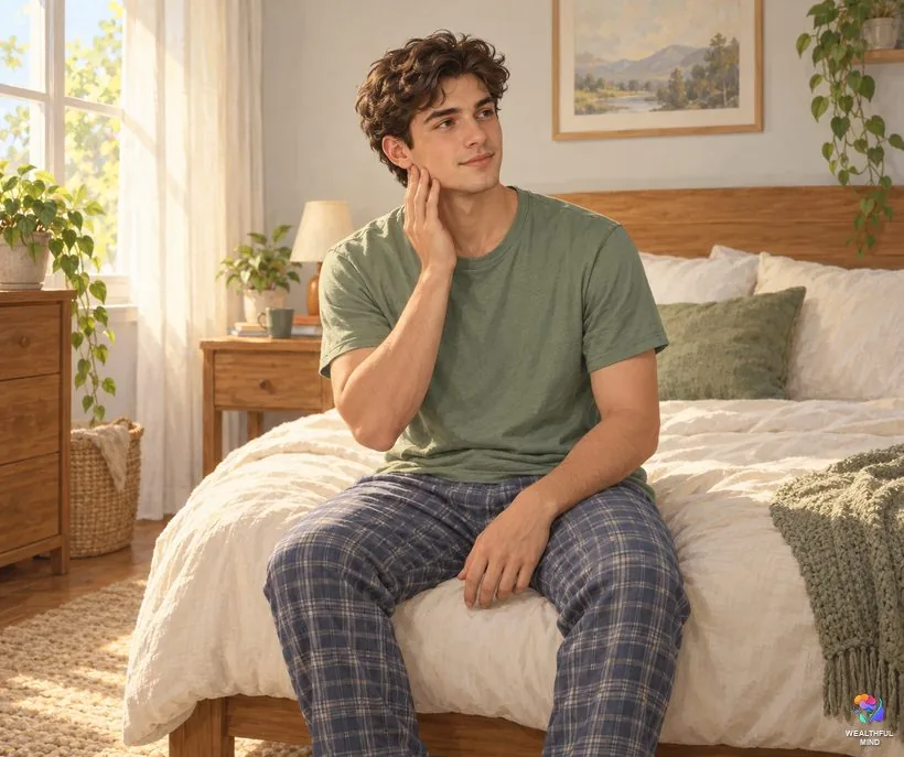 Why you bite your tongue in your sleep: a young man on the edge of his bed gently rubbing his jaw in the morning